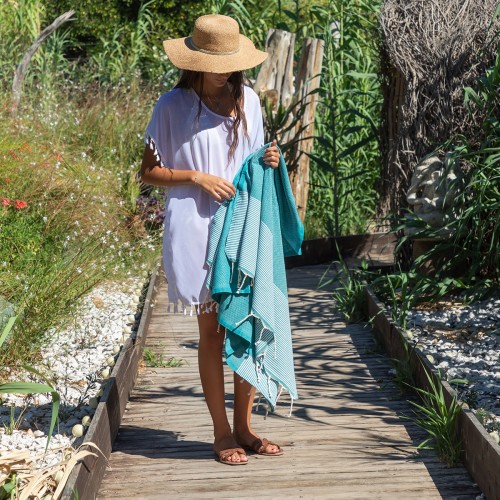 Fouta de plage traditionnelle Seychelles Turquoise 1x2 m – coton 100% recyclé | REVA